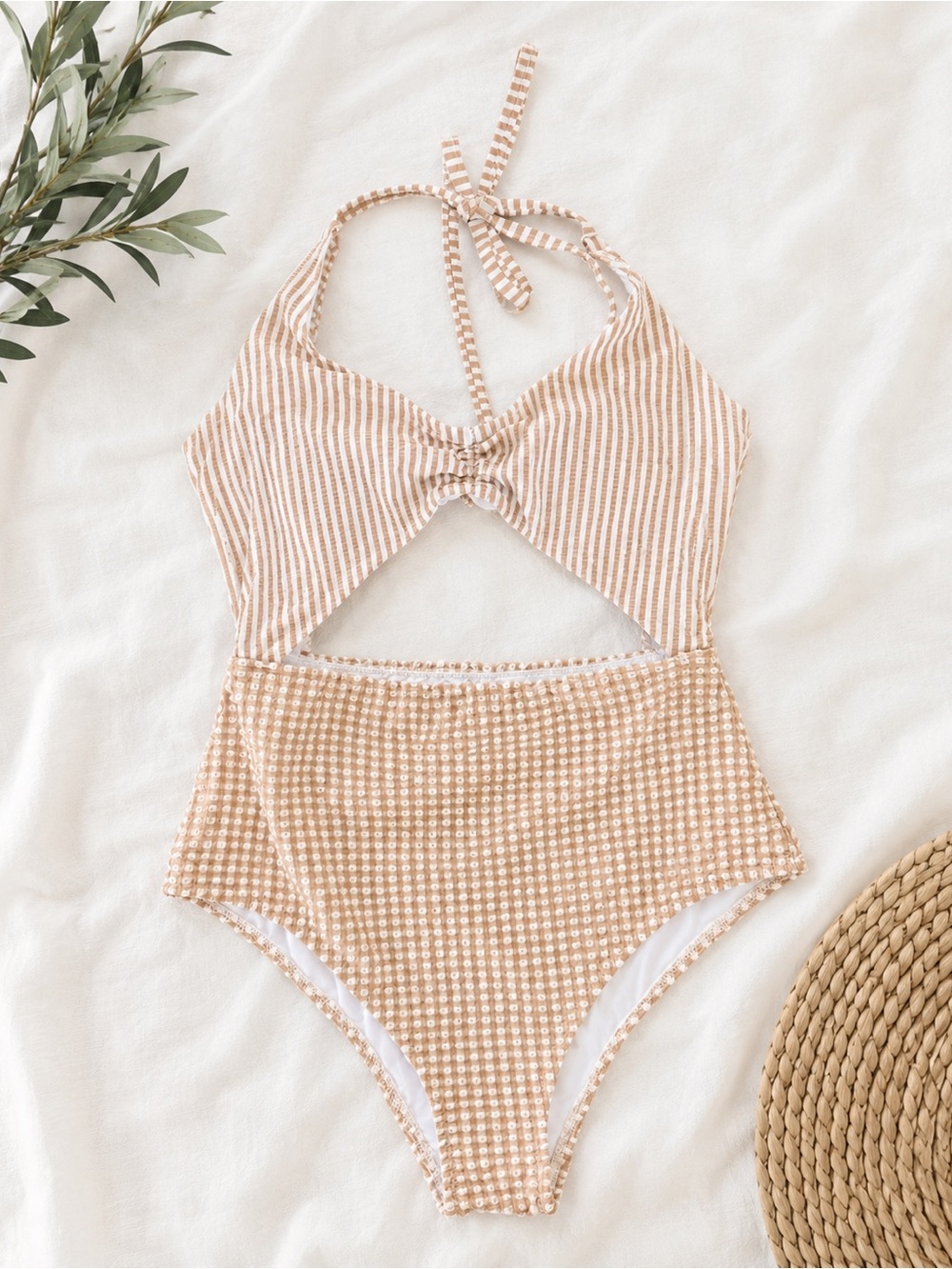 aerie  One-Piece Halter Swimsuit in Beige and White Stripe